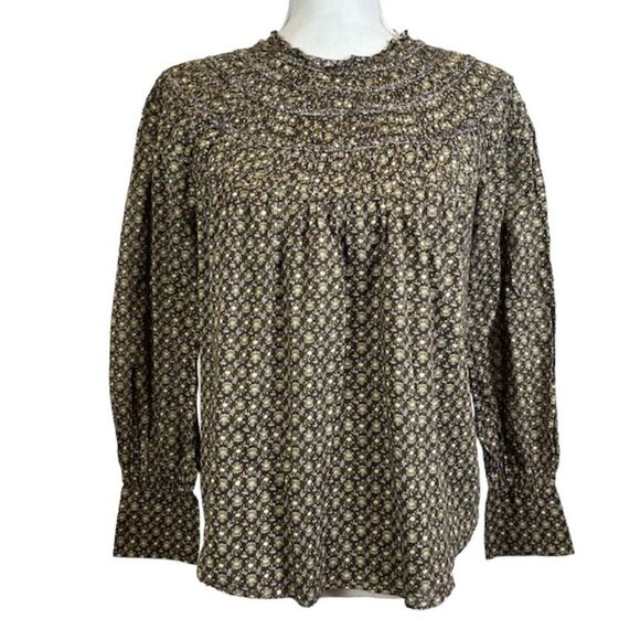 Rebecca Taylor Feather Fleur Ruched Smocked Mock Neck Cotton Blouse Size 10 - Picture 2 of 14